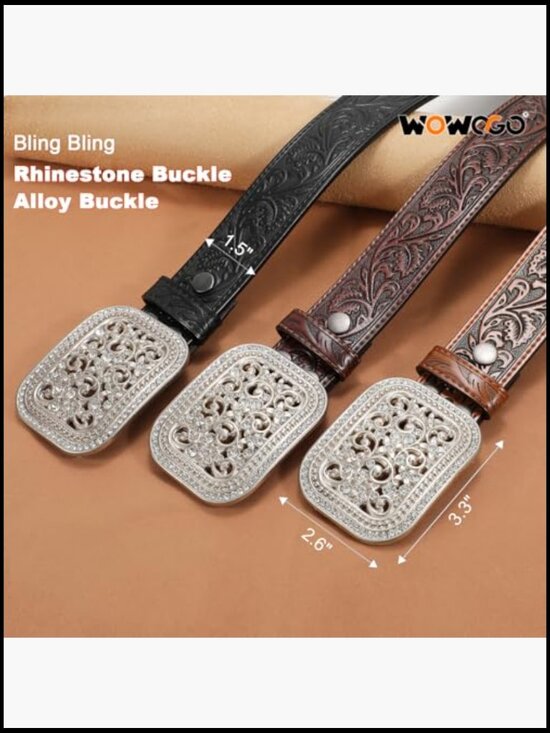 Western Genuine Leather Belt Tooled Floral Embossed Scrollwork Rhinestone Buckle